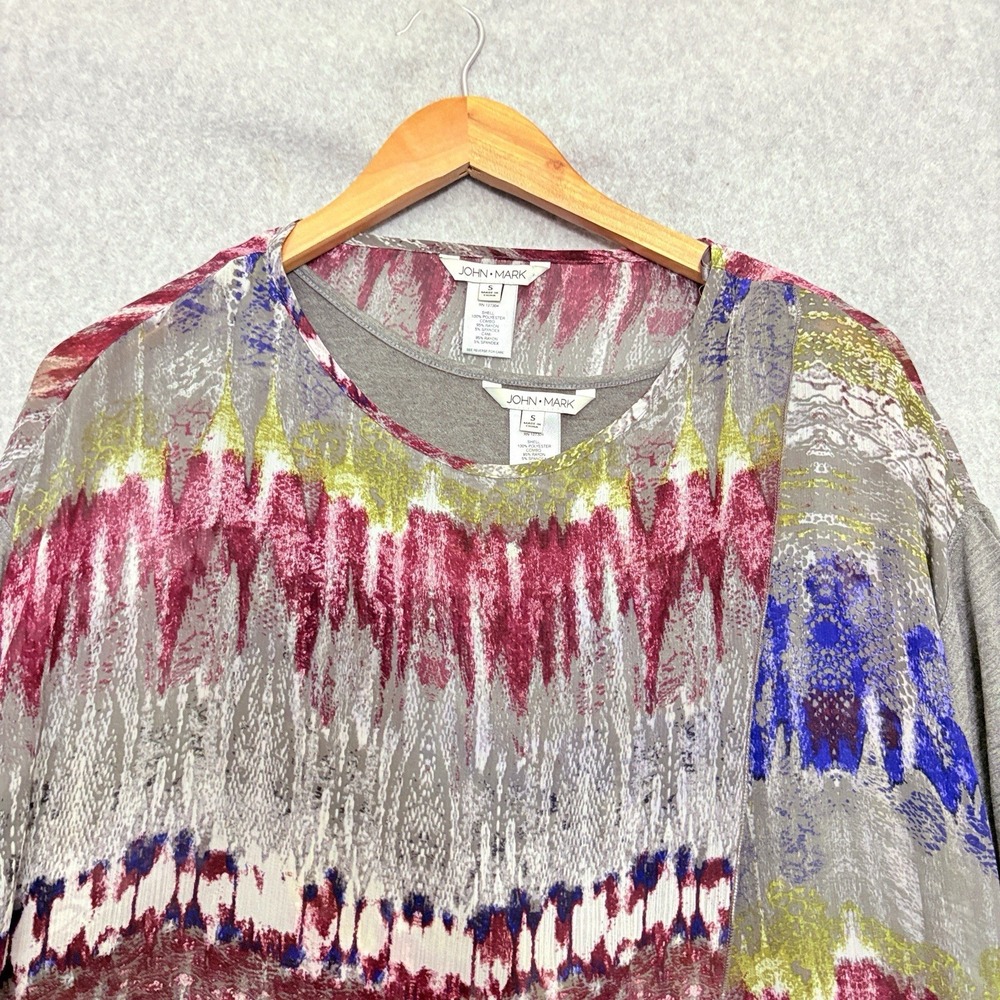 John Mark Mixed Fabric Popover Top Layered Long Sleeve Sz Small Artsy Draped - Picture 3 of 7